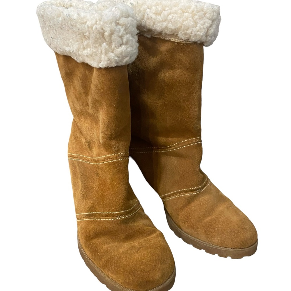 Vintage Hush Puppies Boots Brown Suede Leather And Wool WOMENS SIZE 8 Narrow